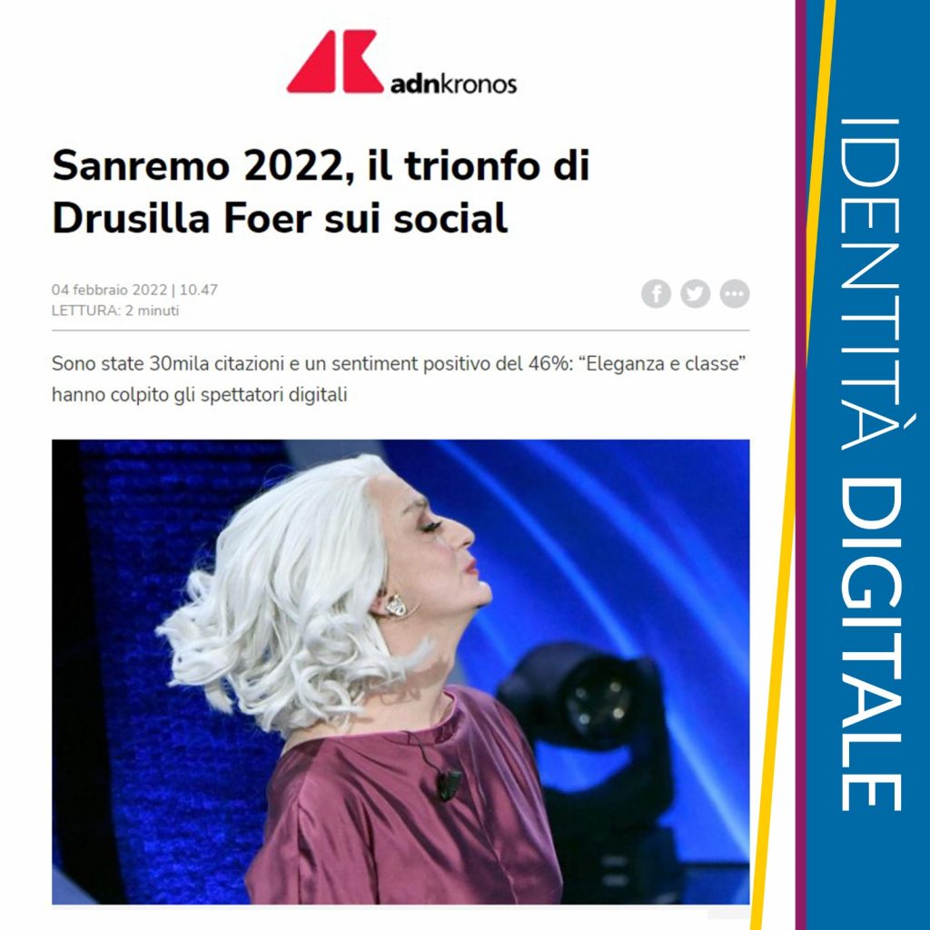 Sanremo2022 - La Web Analysis vede trionfare Drusilla Foer con 30 mila citazioni ed Emma con 76 mila Tweet, serata all'insegna del Sentiment Positivo