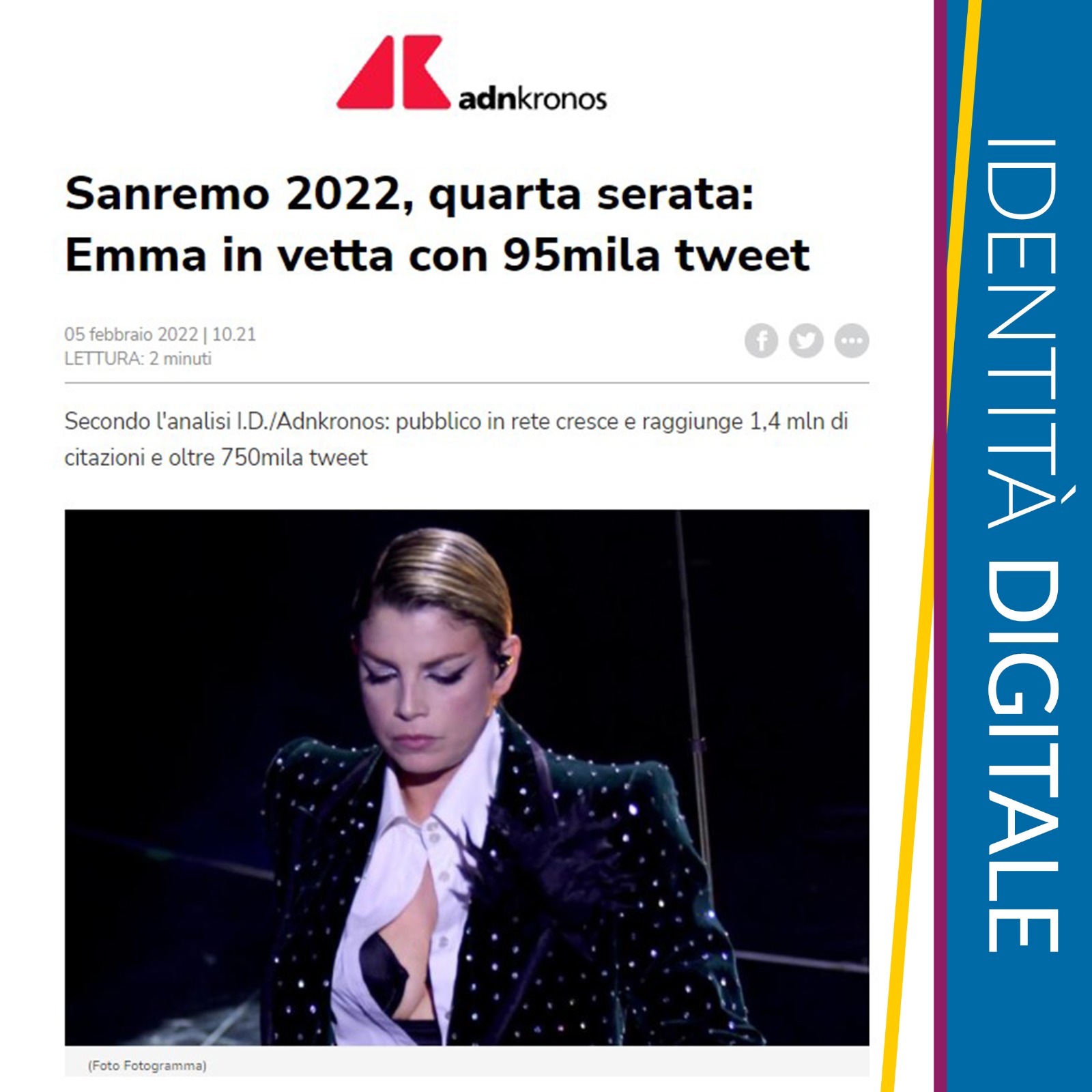 Sanremo2022, Web Analysis Emma in prima posizione con 95 mila Tweet, Amadeus apprezzatissimo